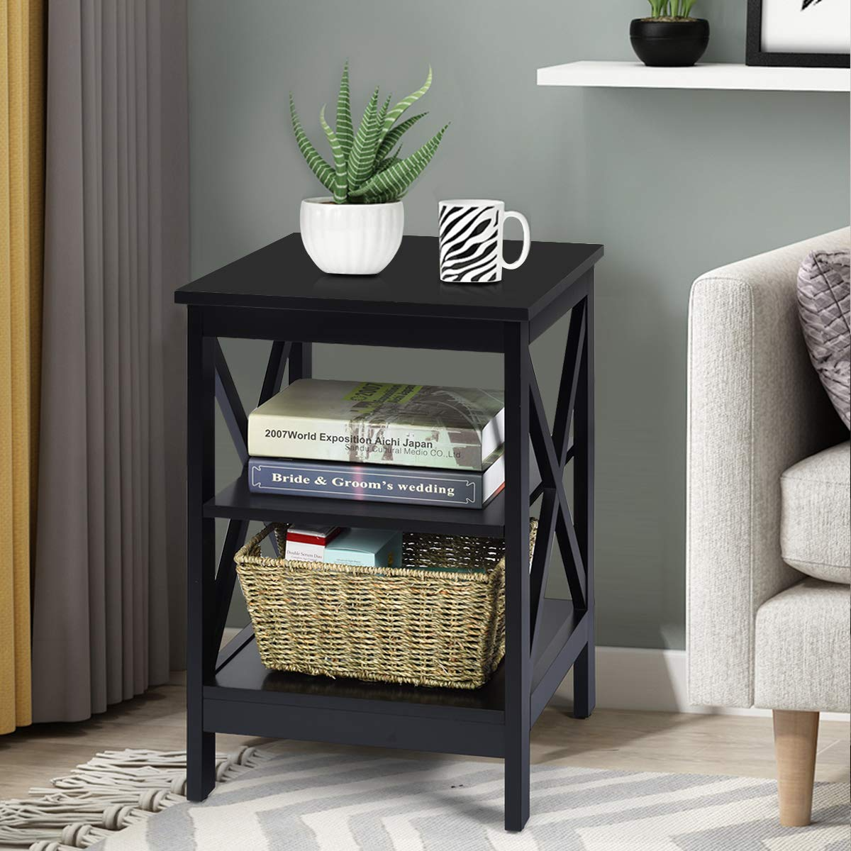 Nightstand 3-Tier X-Design W/Storage Shelves and Stable Structure Storage Organizer Display Sofa Side Table
