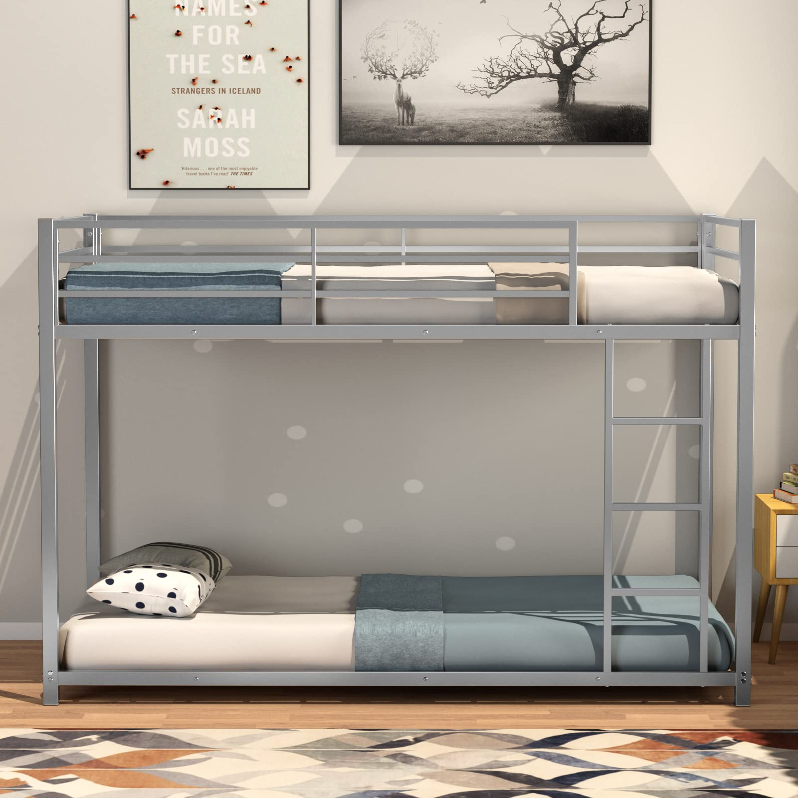 Classic Bunk Bed Frame with Safety Guard Rails & Side Ladder