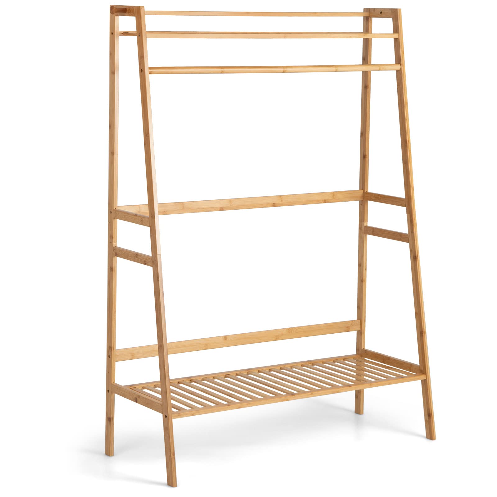 Giantex 3 Tier Bamboo Clothing Rack with Shelves, Heavy Duty Freestanding Clothes Organizer Rack with Coat Hooks