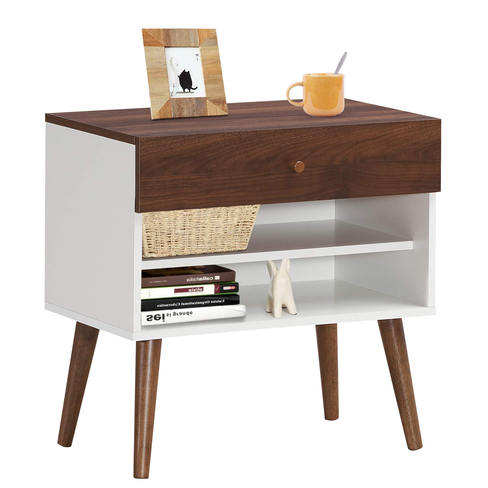 Nightstand with Drawer and Storage Shelves & Rubber Wood Legs, Brown&White