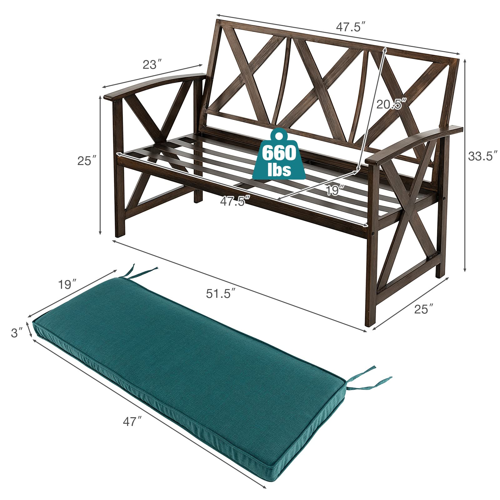 Giantex 51.5" Outdoor Garden Bench - Patio Chair with Heavy-Duty Wood Grain Coated Steel Frame