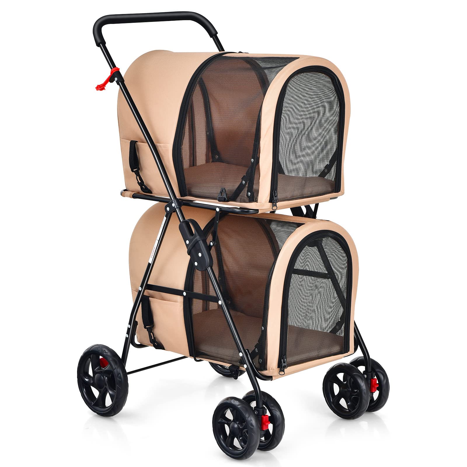 Double Pet Stroller with 2 Detachable Carrier Bags, 4 Lockable Wheels Cat Stroller