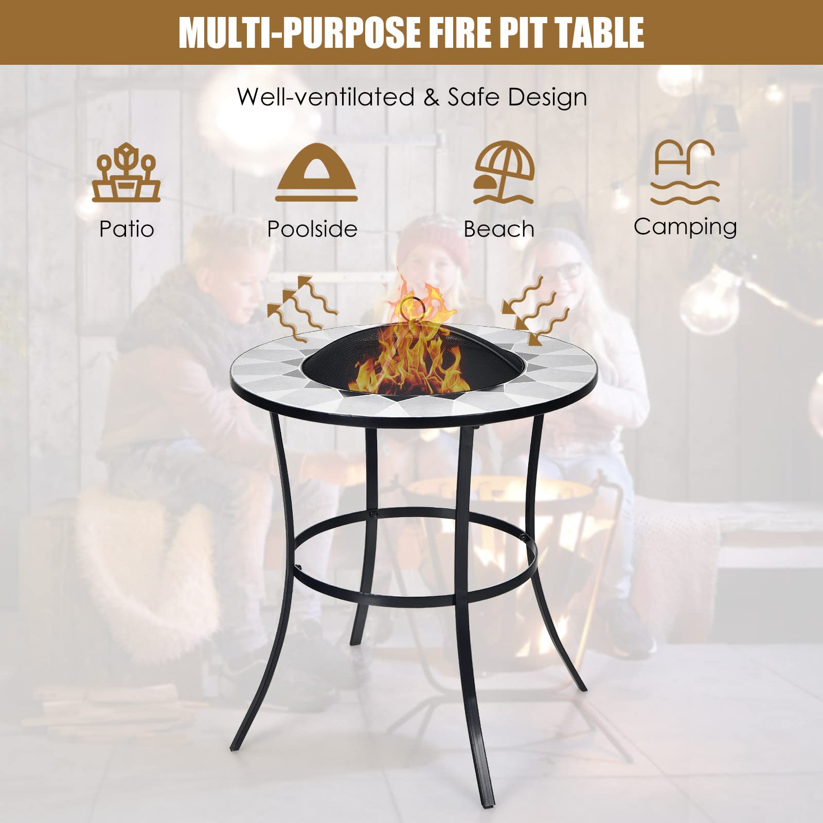 Giantex Fire Pit Table, Outdoor Fire Pit with Mesh Cover, Fire Poker, Tile Tabletop