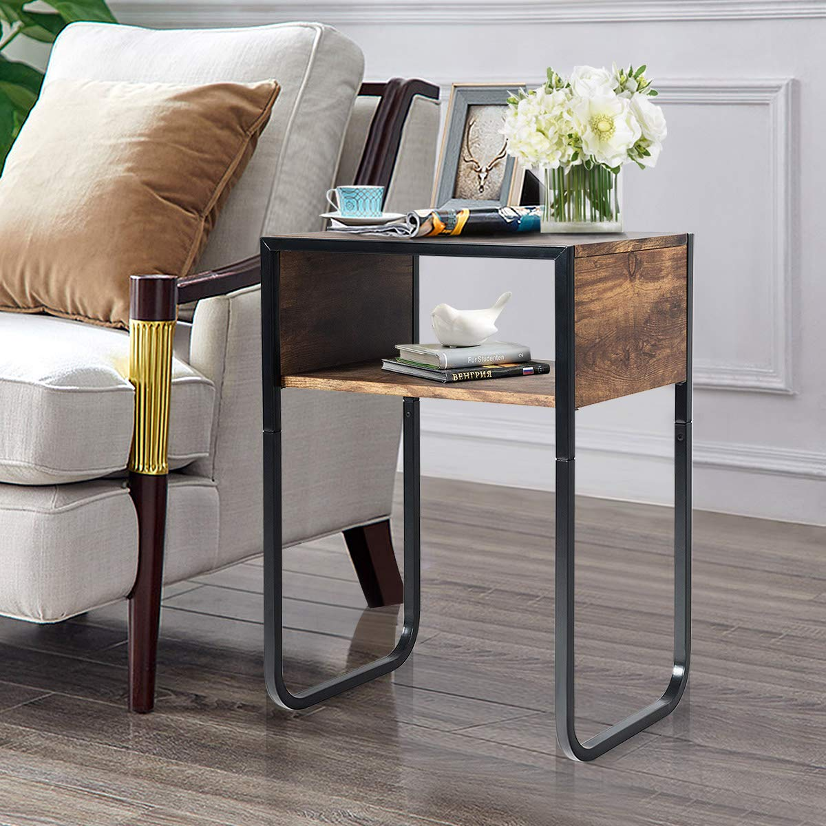 Giantex Side Table Industrial W/Drawer and Metal Frame (2, Rustic Brown)