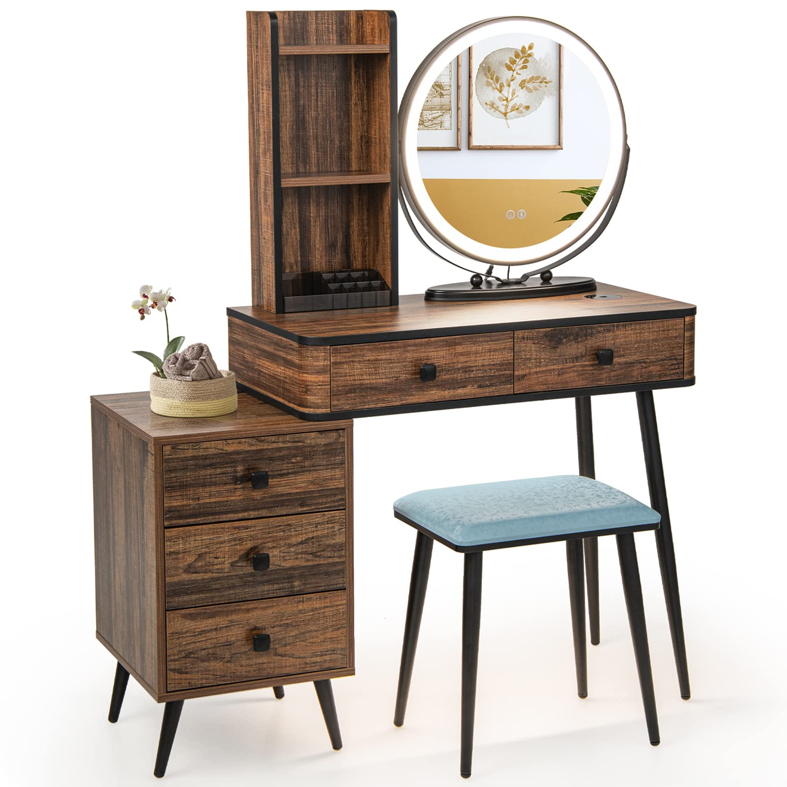 CHARMAID Vanity Table Set with 3-Color Dimmable Lighted Mirror - Giantex