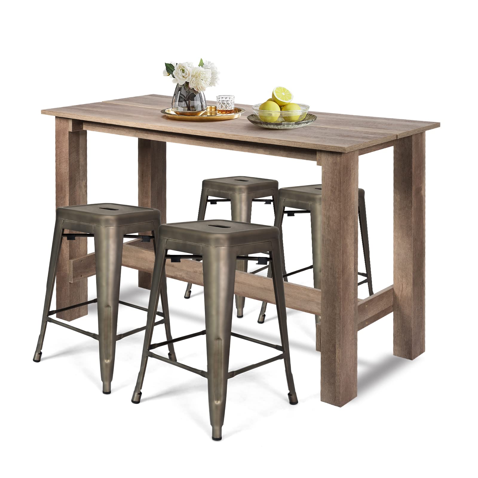 Giantex 5 Pieces Dining Table Set, Rectangular Counter Height Table w/ 4 Metal Bar Stools
