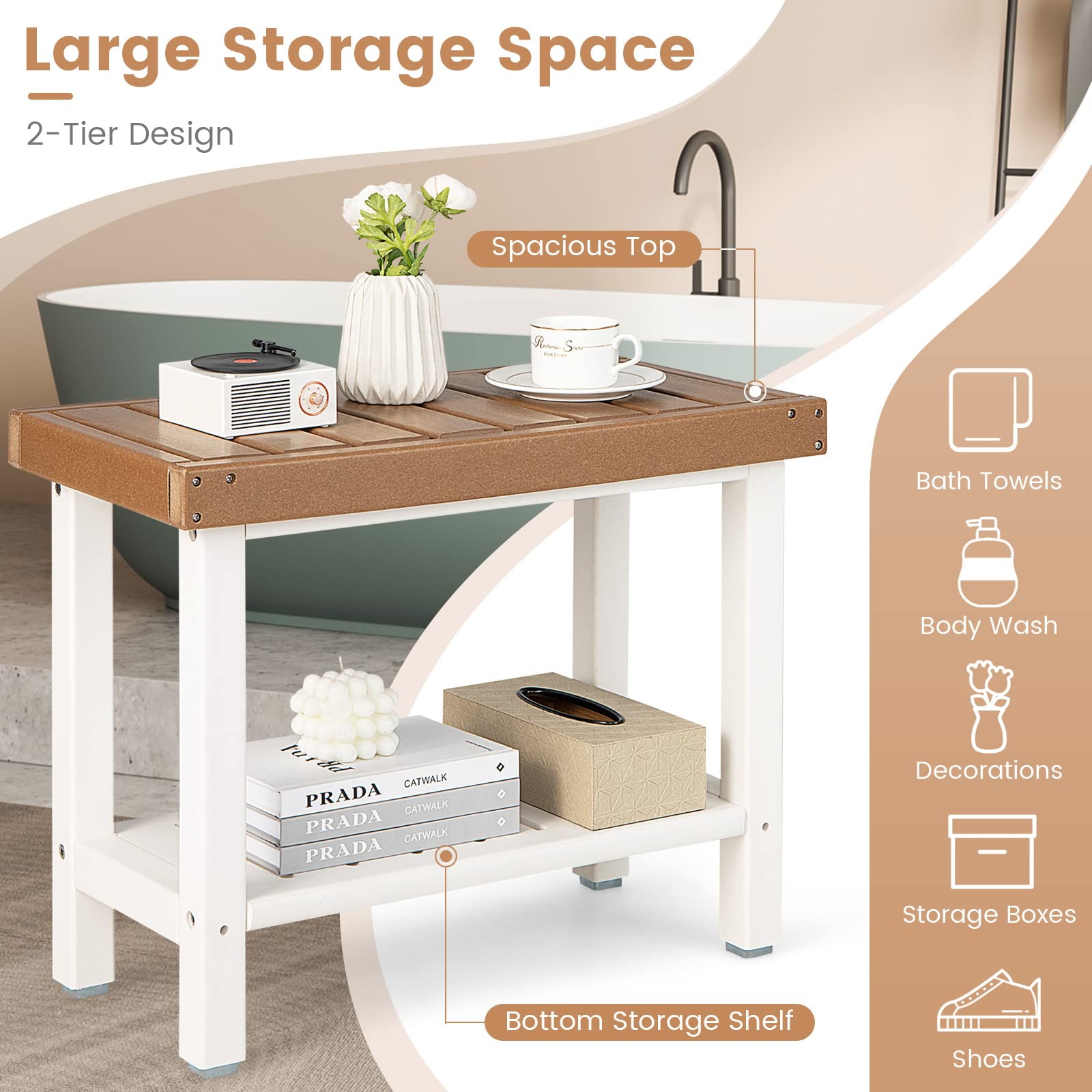 Giantex Shower Bench Stool Waterproof - HDPE Shower Seat with Storage Shelf for Shaving Legs