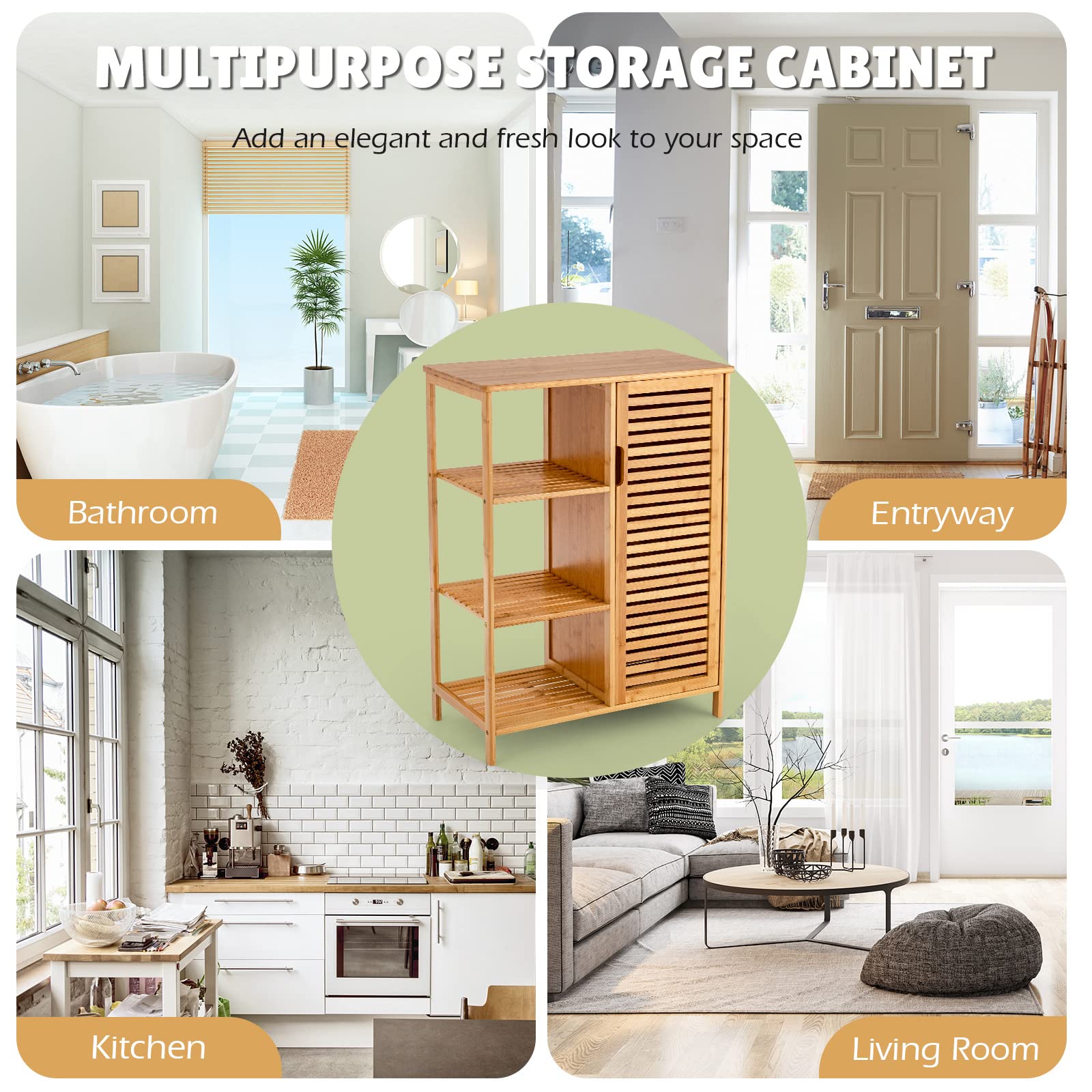 Bathroom Storage Cabinet Bamboo Floor Cabinet Free Standing Organizer - Giantex