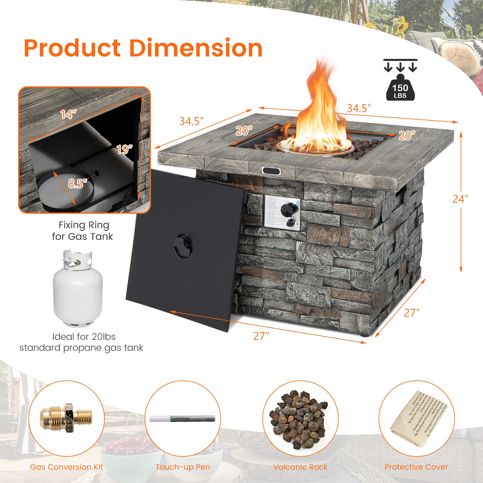 34.5" Propane Gas Fire Pit Table - Patio 2-in-1 Outdoor Square Fire Table W/ Volcanic Rock & PVC Cover