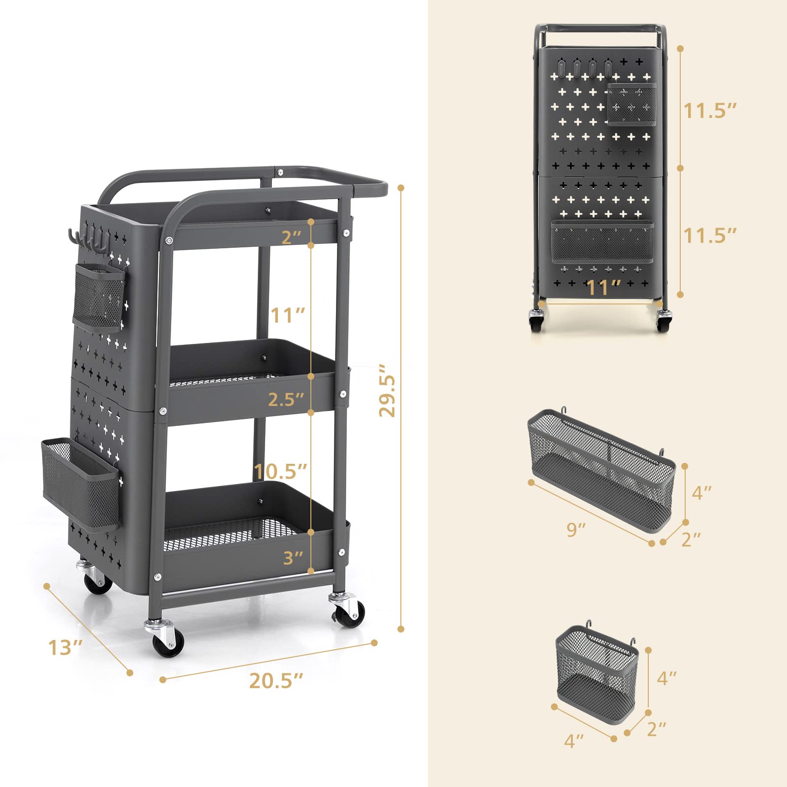 Giantex 3-Tier Utility Cart, Rolling Storage Organizer w/ Pegboards, 2 Mesh Baskets, 4 Hanging Hooks, Art Craft Trolley