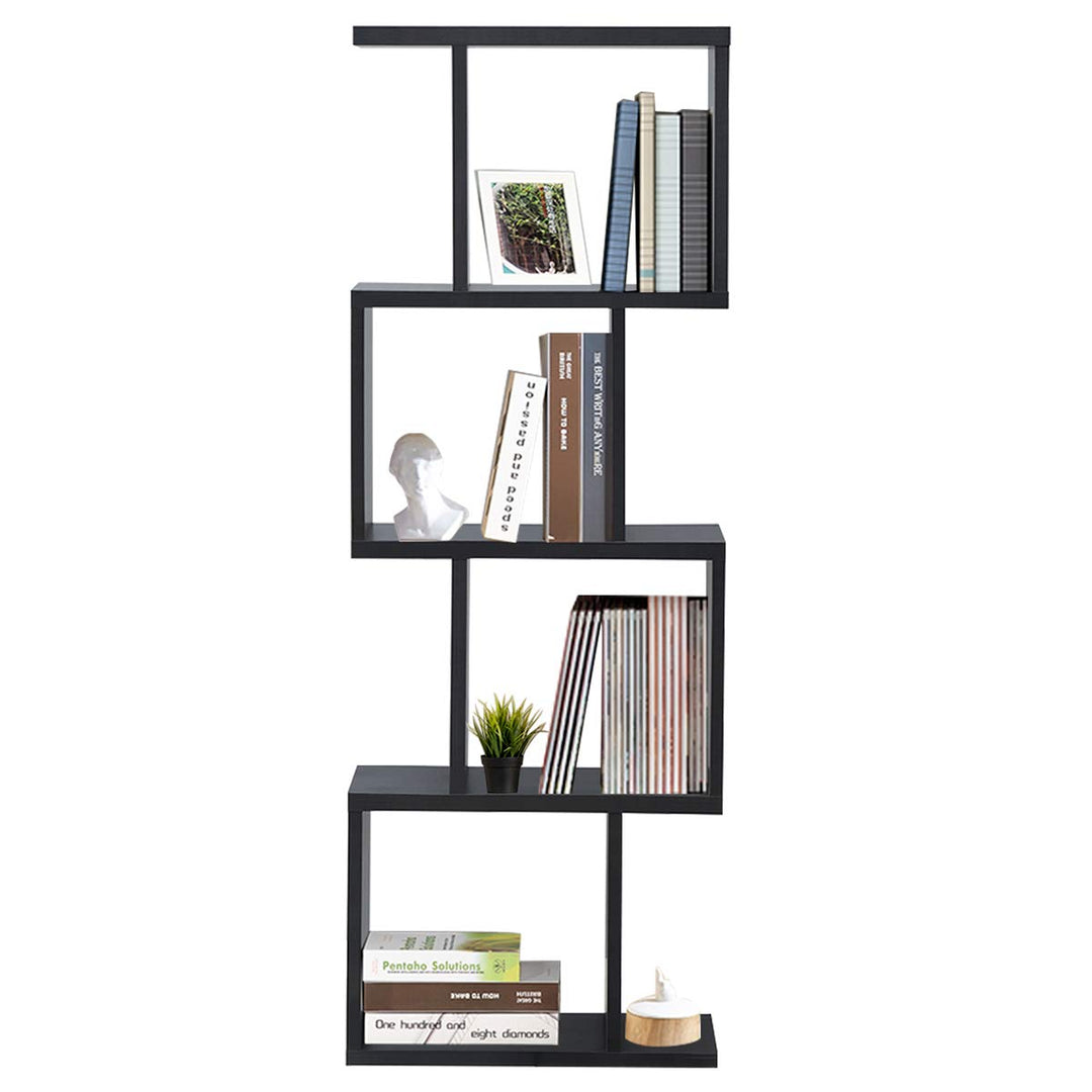 4 Tier Bookshelf S Shaped Bookcase, Multifunctional Wooden Display Decor Furniture