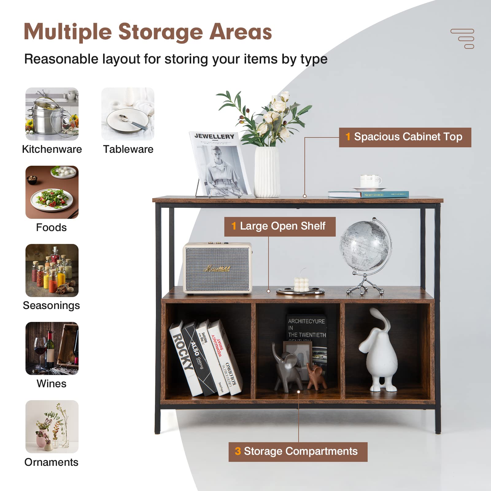 Giantex Buffet Sideboard, Wooden Cupboard, Kitchen Pantry w/Spacious Countertop, Large Open Shelf, 3 Cube Storage Cabinet