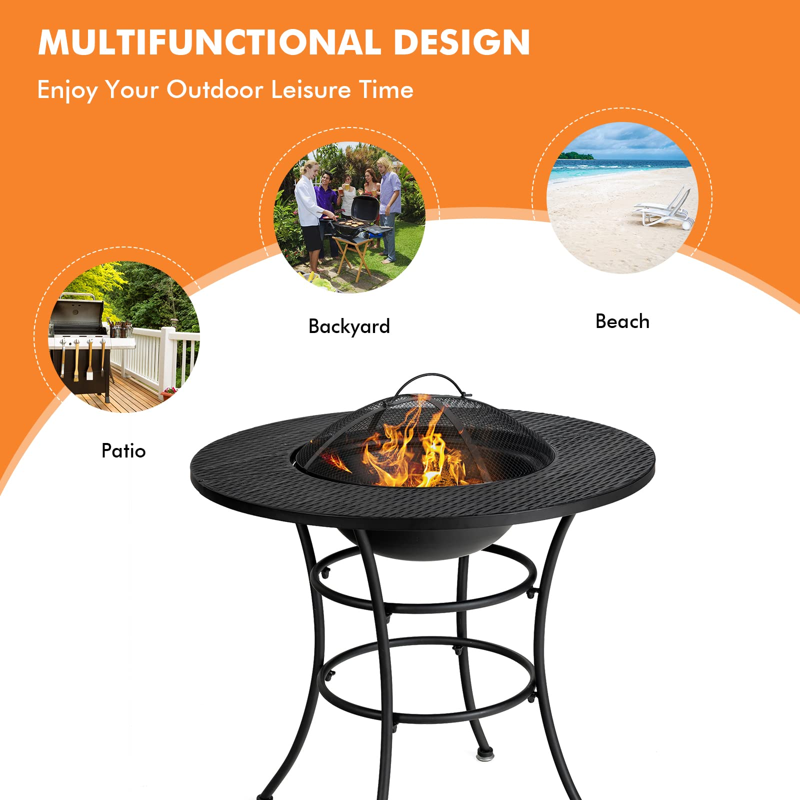 Giantex Fire Pit for Outside 32 Inch, 4-In-1 Multifunctional Dining Table for Camping,Metal Round Small Outdoor Fire Pits