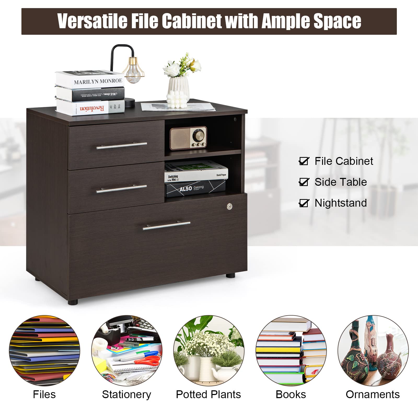 Giantex 3-Drawer Lateral File Cabinet - Under Desk Printer Stand with Storage Shelves