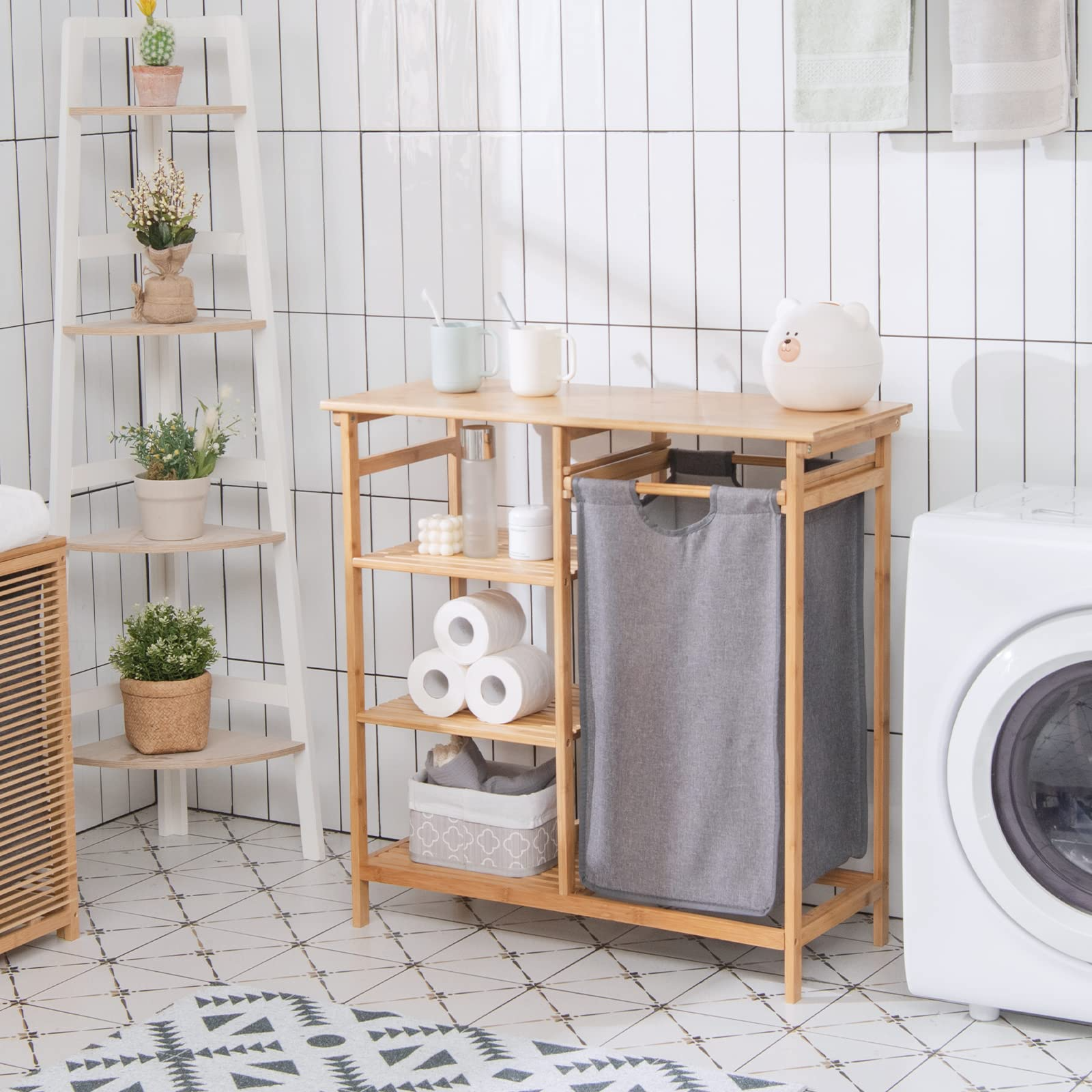 Freestanding Laundry Organizer w/ Removable Sliding Bag & 3-Tier Open Shelves