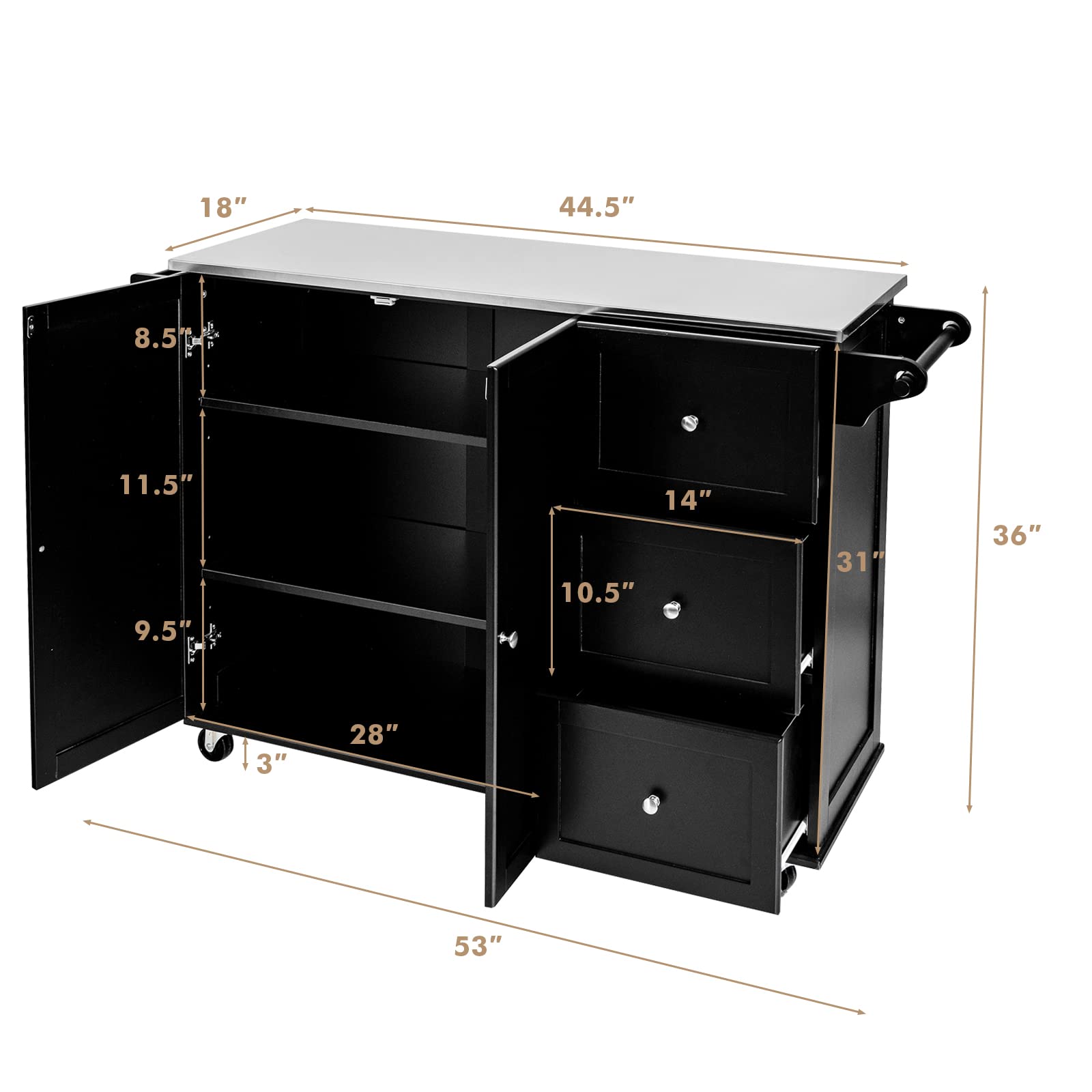 Giantex Kitchen Island with Stainless Steel Countertop, Dark Brown