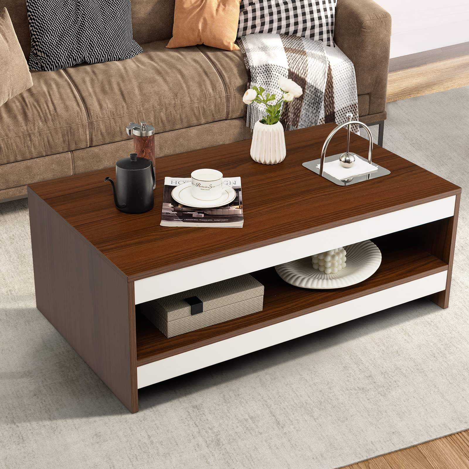 Giantex Coffee Table, 37" Rectangular Coffee Table with Open Storage Shelf