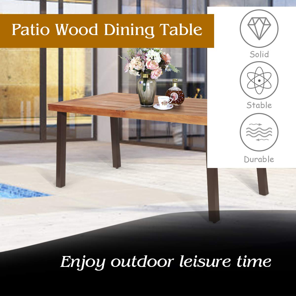 Patio Dining Table with Umbrella Hole, Outdoor Picnic Table for Backyard