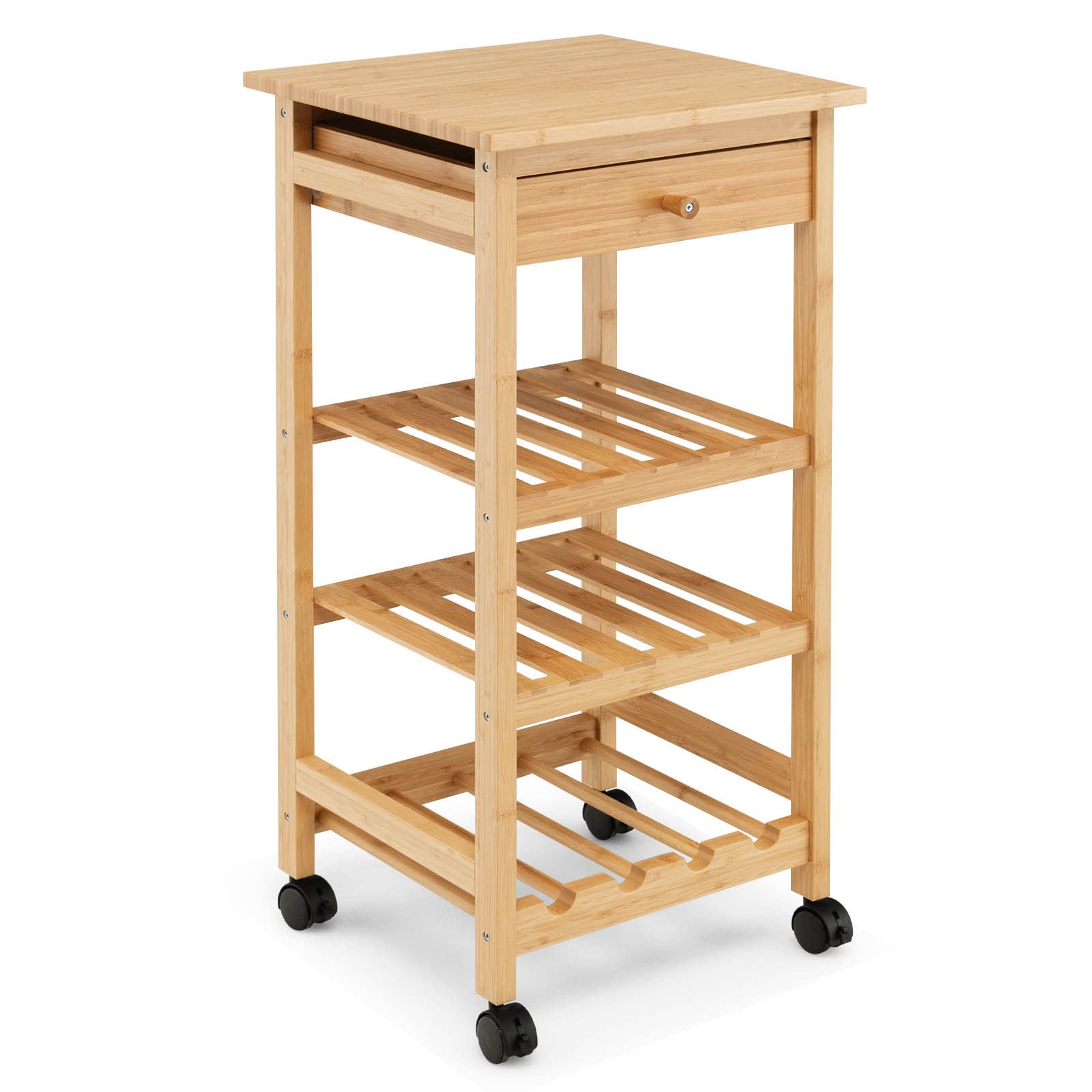 Giantex Kitchen Island on Wheels, Rolling Bamboo Kitchen Trolley with Drawer, 2 Open Storage Shelves, Wine Rack, 4 Lockable Casters