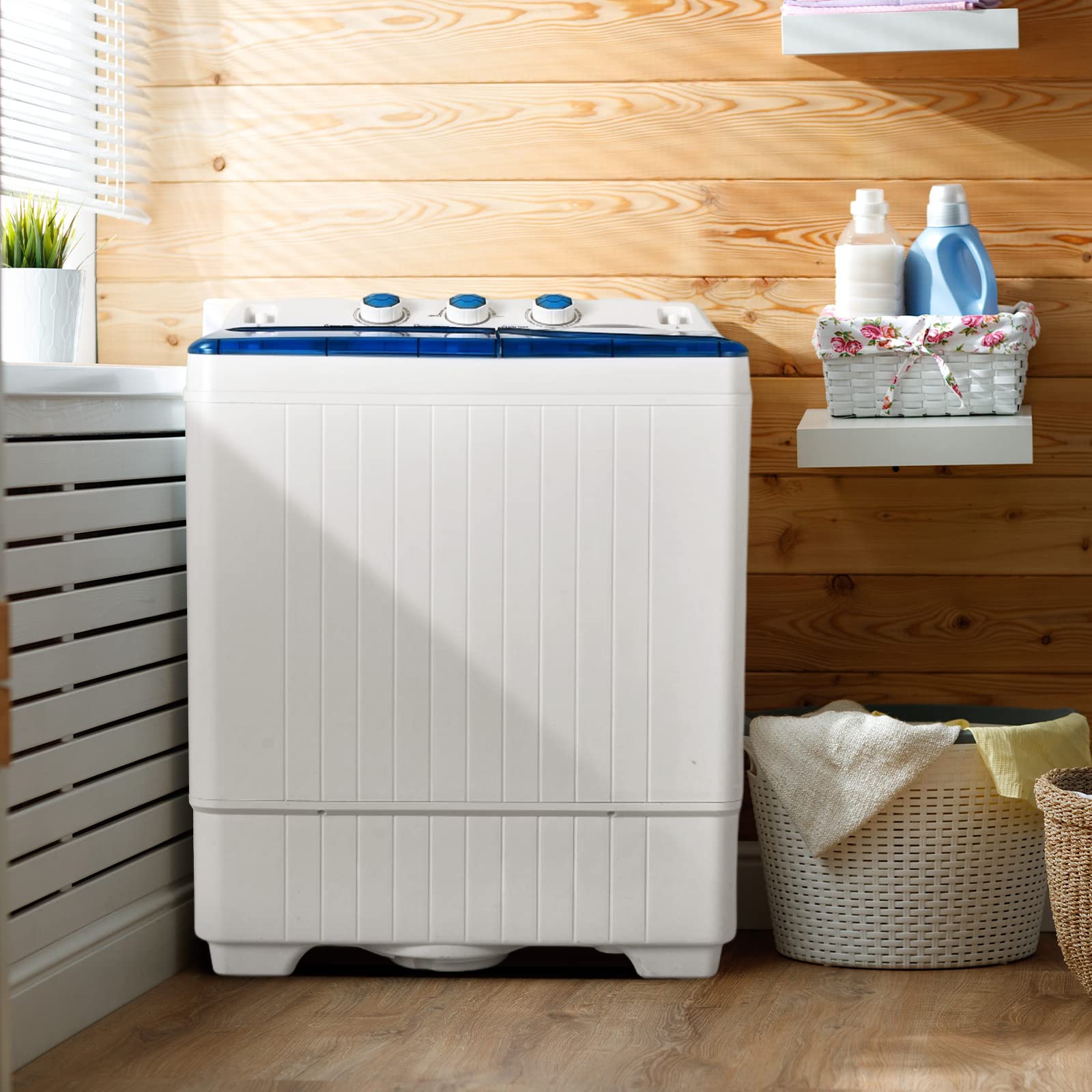 Giantex Portable Mini Compact Twin Tub Washing Machine 20lbs Washer Spain  Spinner Portable Washing Machine, Blue+ White