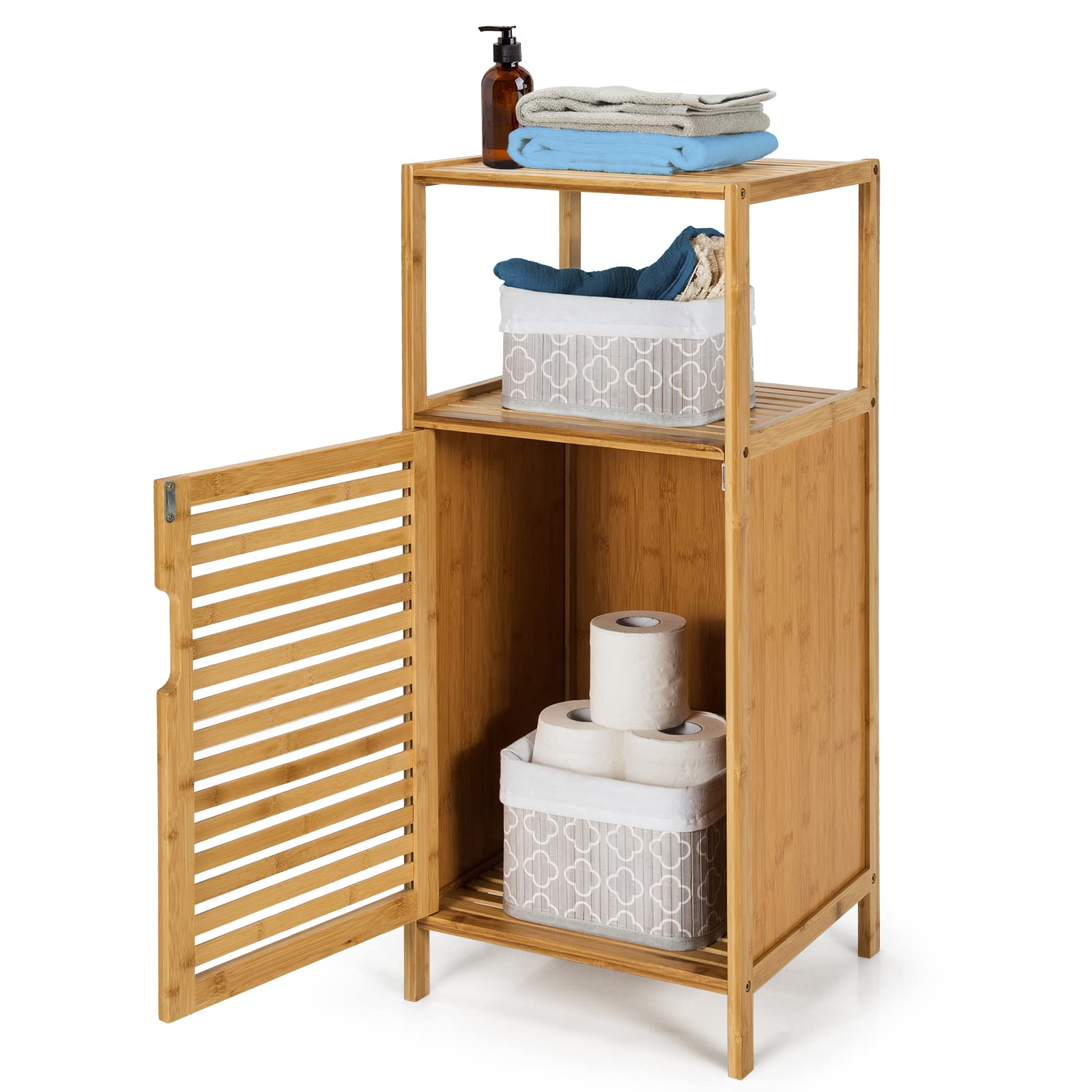 Giantex Bathroom Floor Cabinet, Bamboo Storage Cabinet w/Single Door & Open Shelves