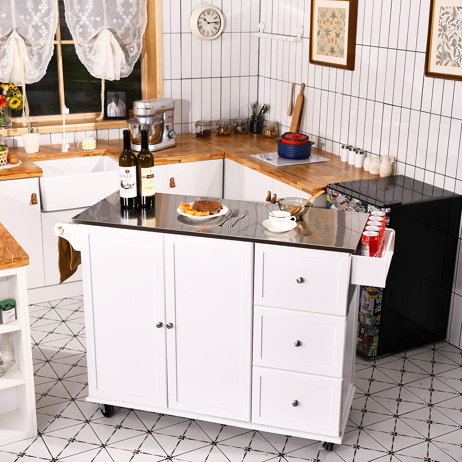 Giantex Kitchen Island with Stainless Steel Countertop, Dark Brown