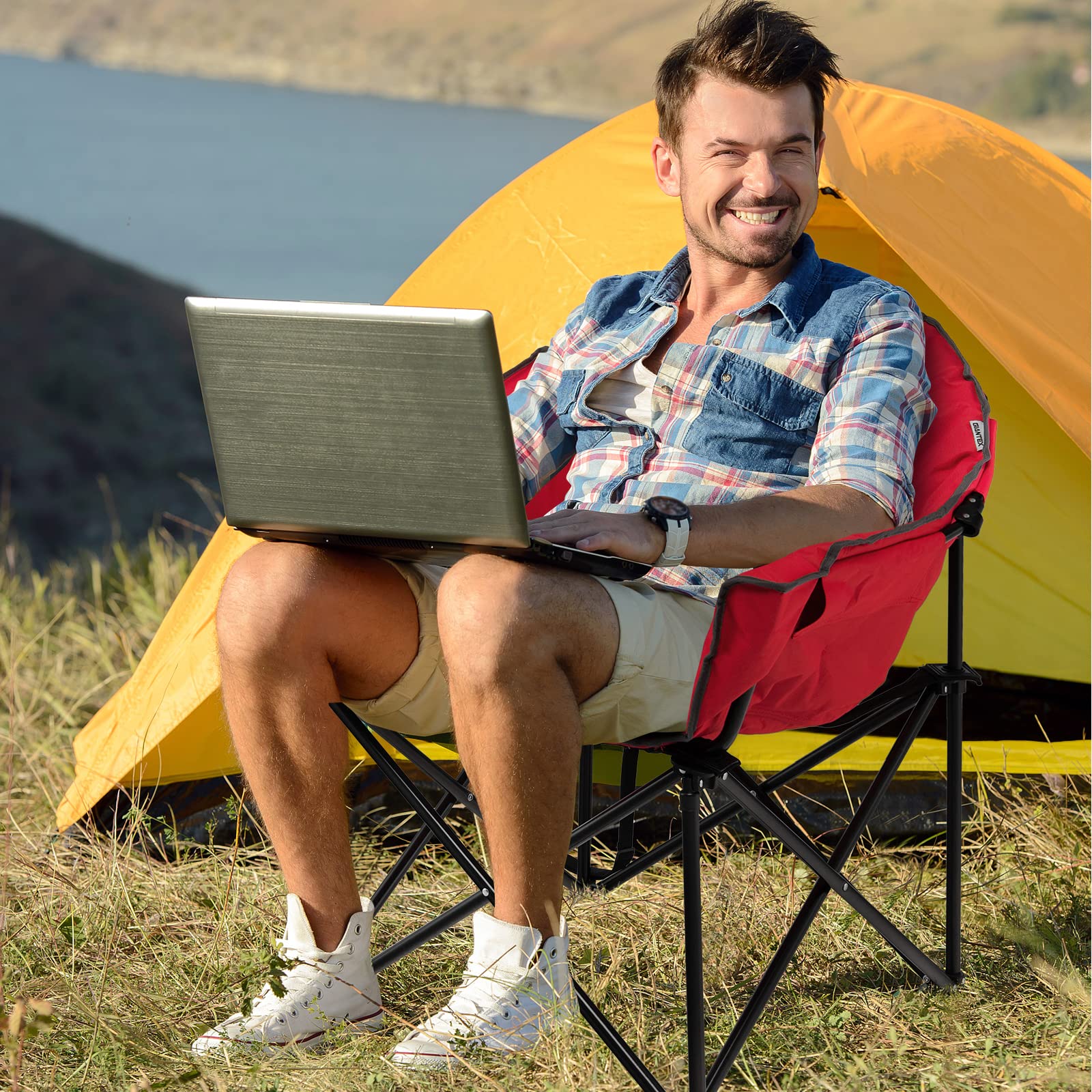 Giantex Portable Camping Chair, Lawn Chair, Outdoor Folding Chair with Cup Holder, Soft Seat