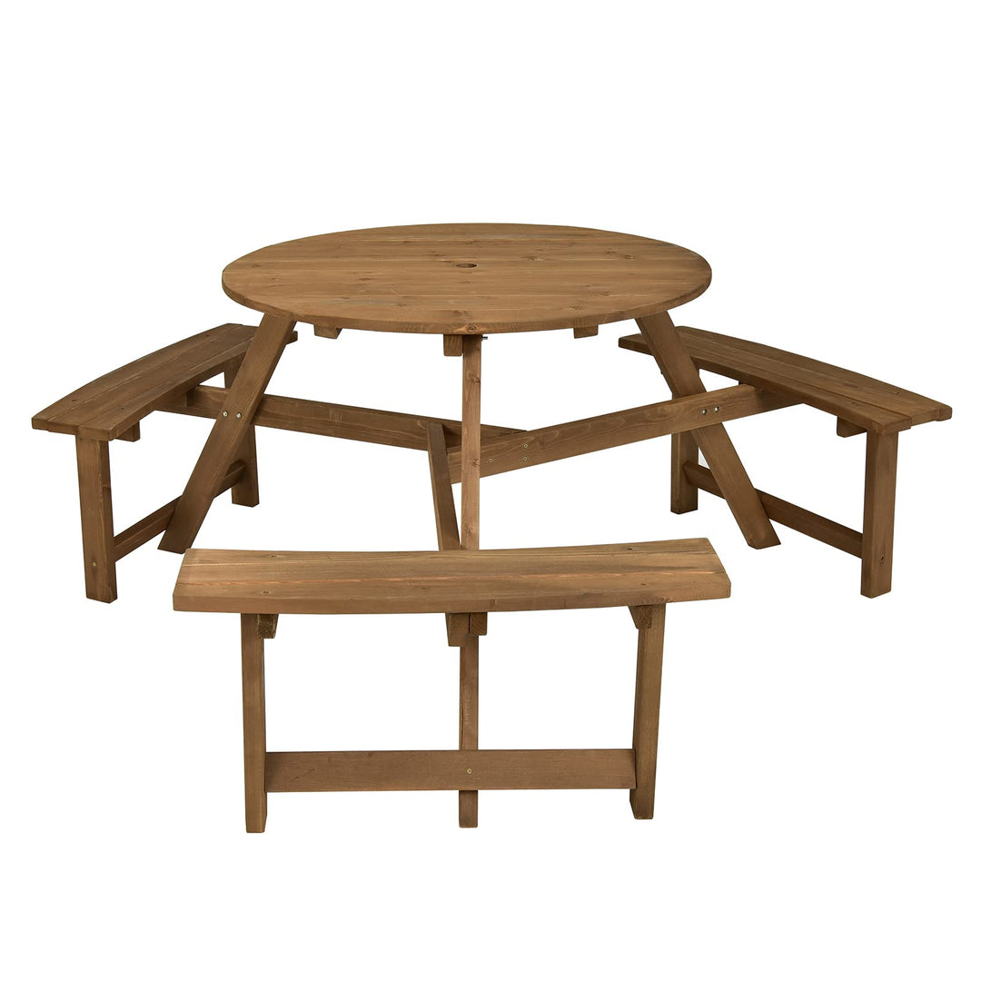 Giantex Wooden Picnic Table for 6 Person, Round Outdoor Table with 3 Benches, Umbrella Hole