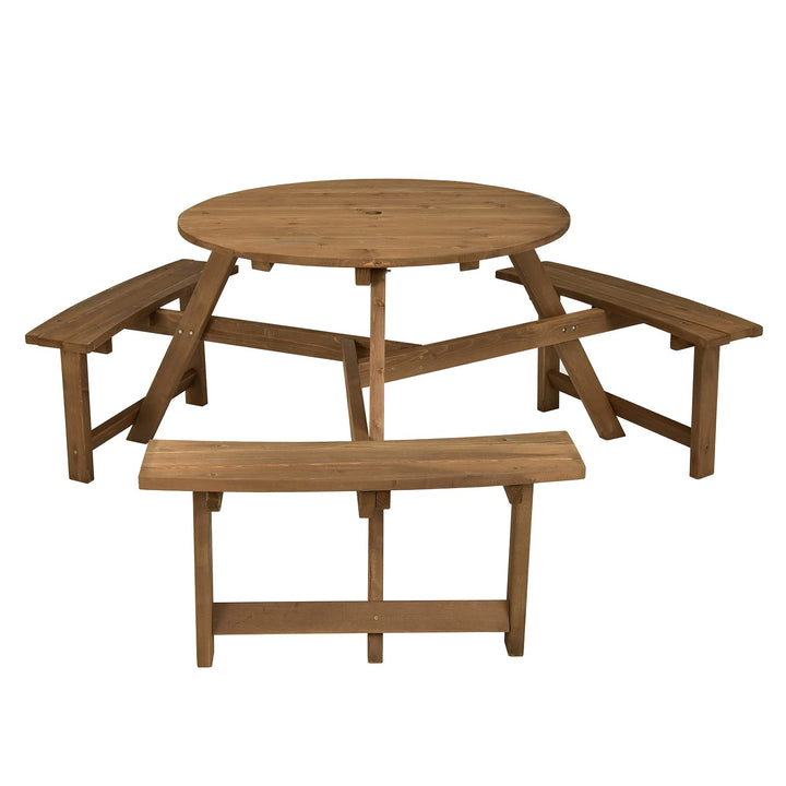 Giantex Wooden Picnic Table for 6 Person, Round Outdoor Table with 3 Benches, Umbrella Hole