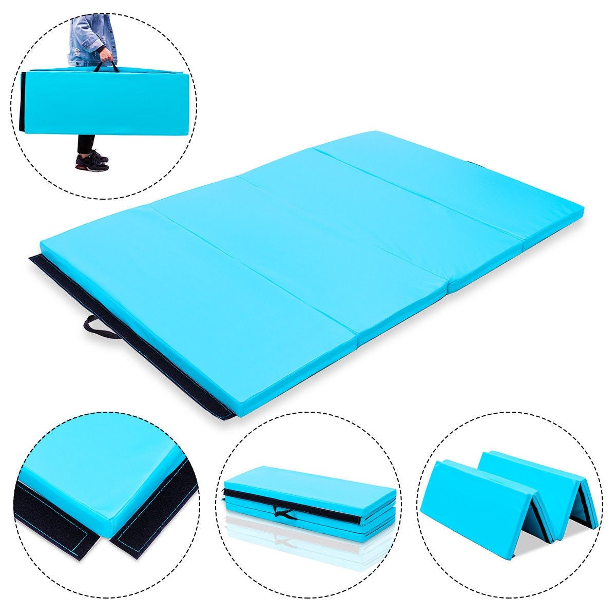 Giantex 6 ft x 4 ft Gymnastics Mat, Folding Anti-Tear Exercise Floor Mats W/Handles (Light Blue) - Giantexus