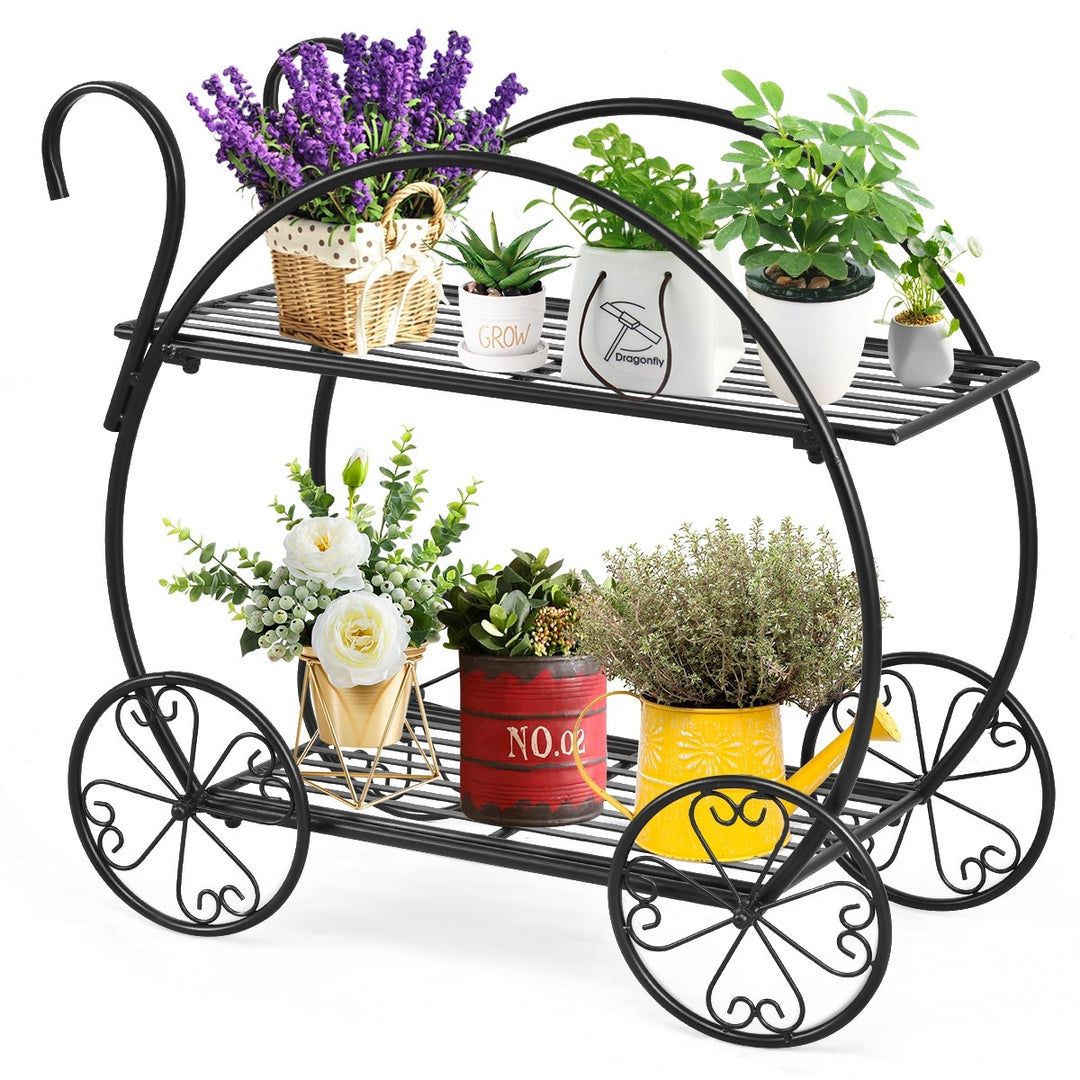 Garden Cart Metal Plant Stand with 4 Decorative Wheels