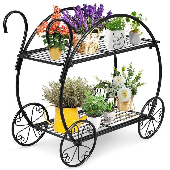 Garden Cart Metal Plant Stand with 4 Decorative Wheels