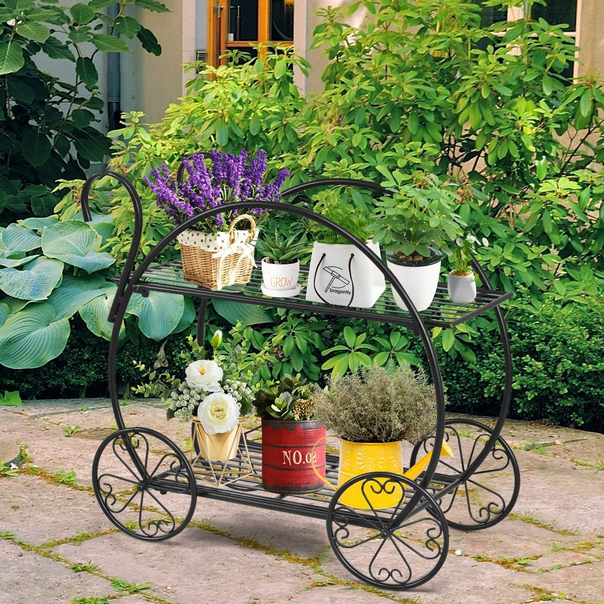 Garden Cart Metal Plant Stand with 4 Decorative Wheels