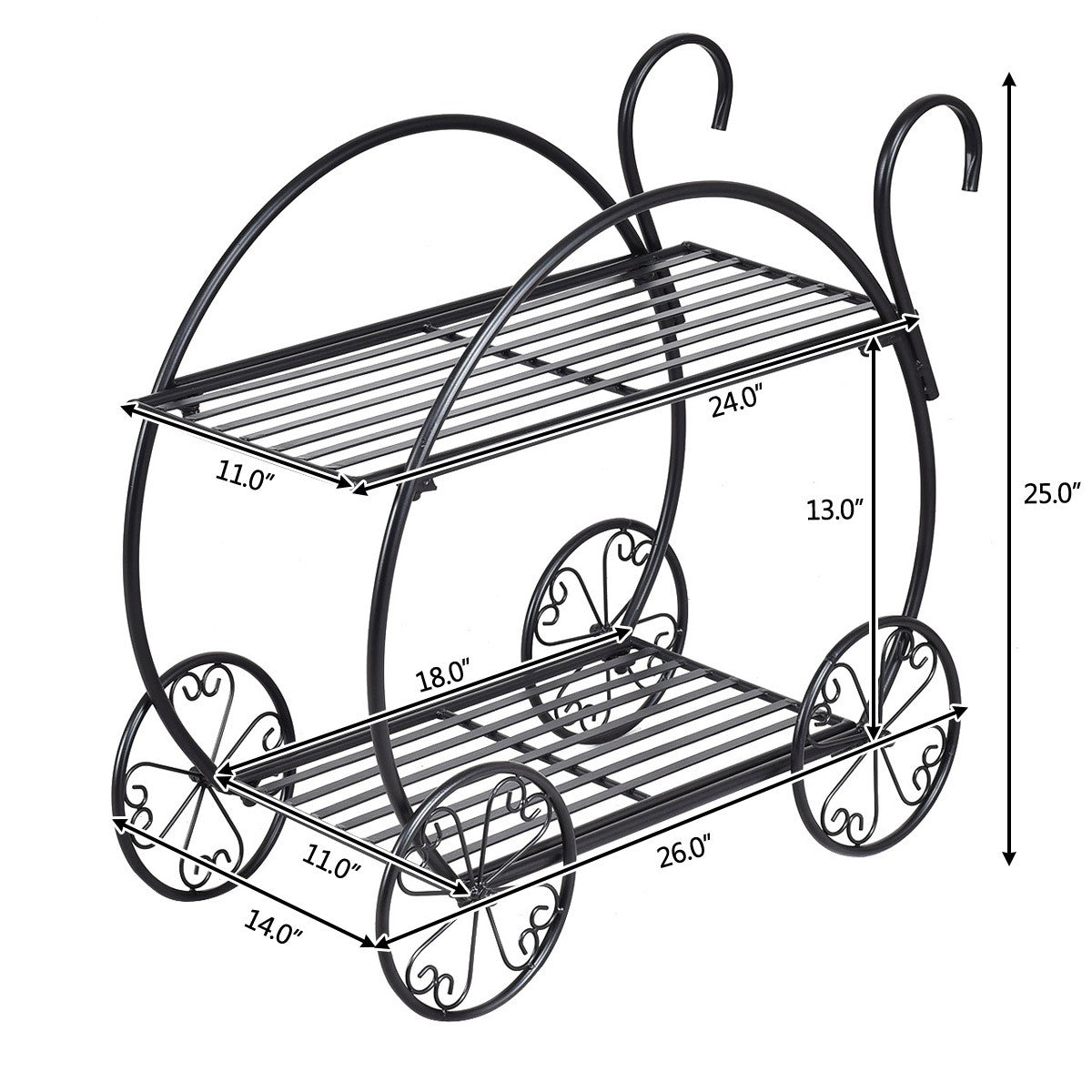 Garden Cart Metal Plant Stand with 4 Decorative Wheels