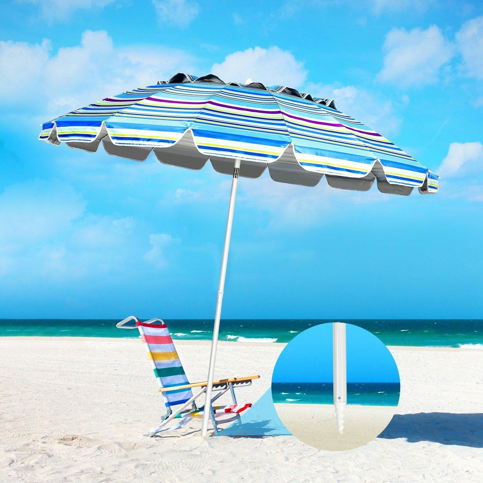 8 Ft Beach Umbrella, Patio Sunshade Umbrella with Sand Anchor & Tilt Mechanism, 16 Fiberglass Ribs - Giantexus