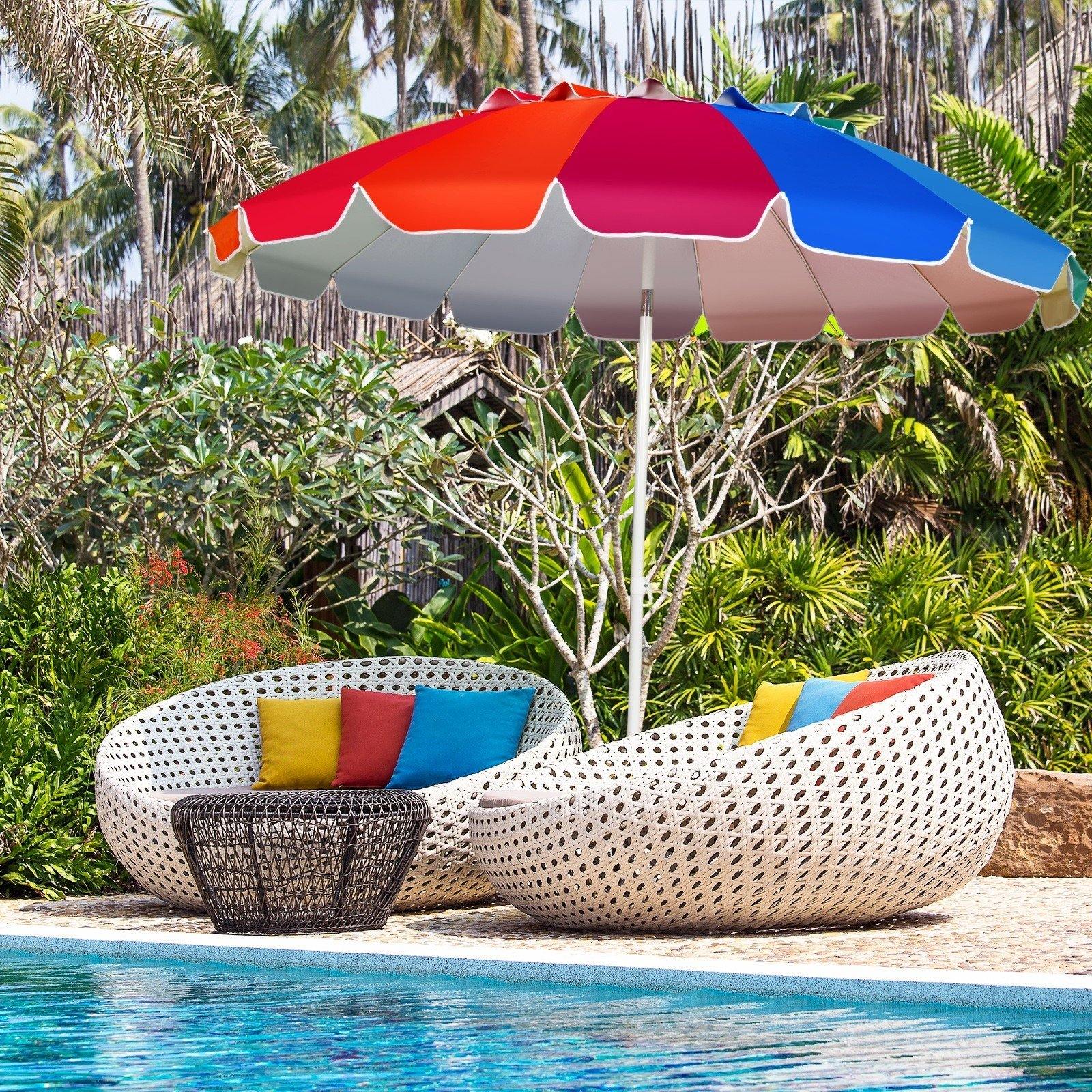 8 Ft Beach Umbrella, Patio Sunshade Umbrella with Sand Anchor & Tilt Mechanism, 16 Fiberglass Ribs - Giantexus