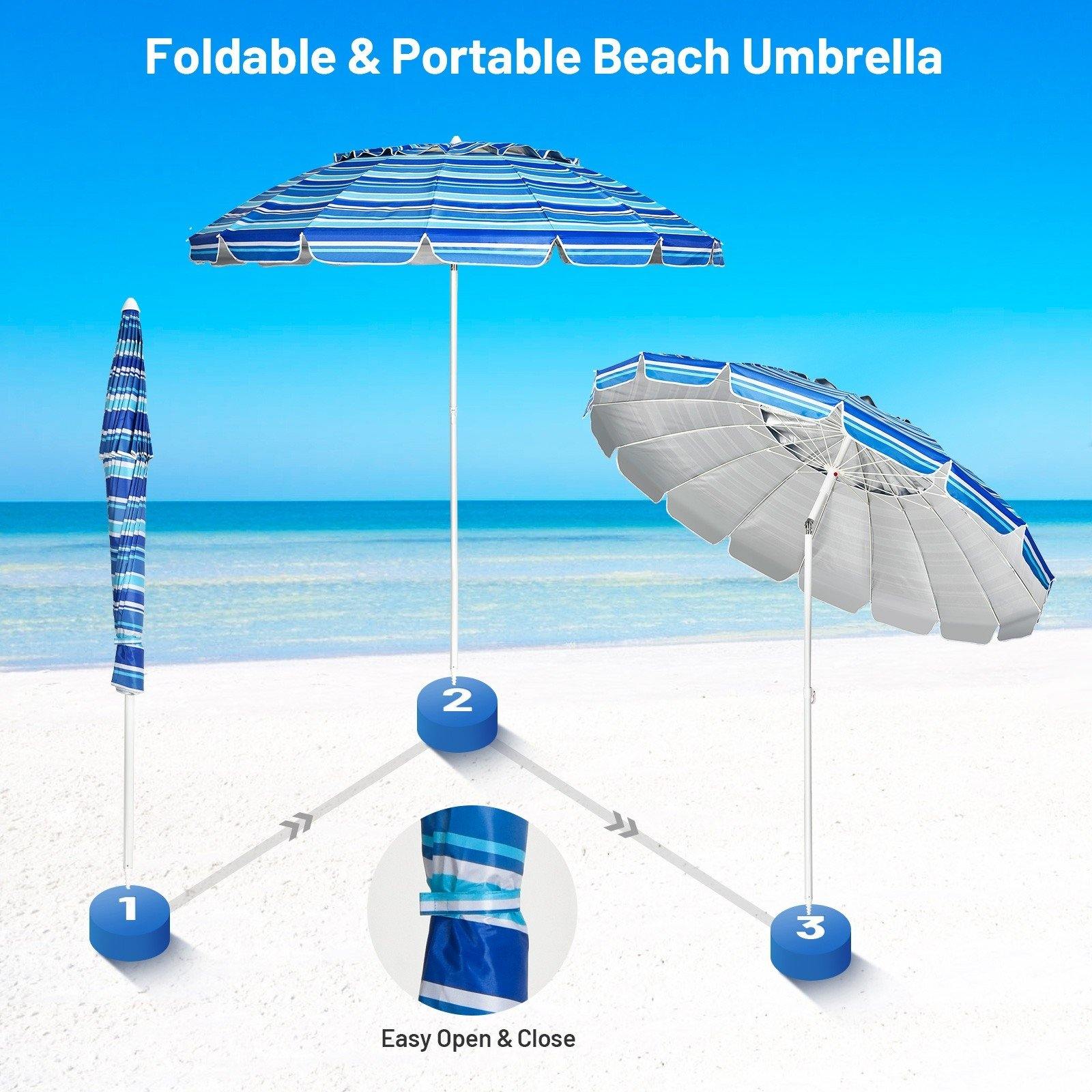 8 Ft Beach Umbrella, Patio Sunshade Umbrella with Sand Anchor & Tilt Mechanism, 16 Fiberglass Ribs - Giantexus