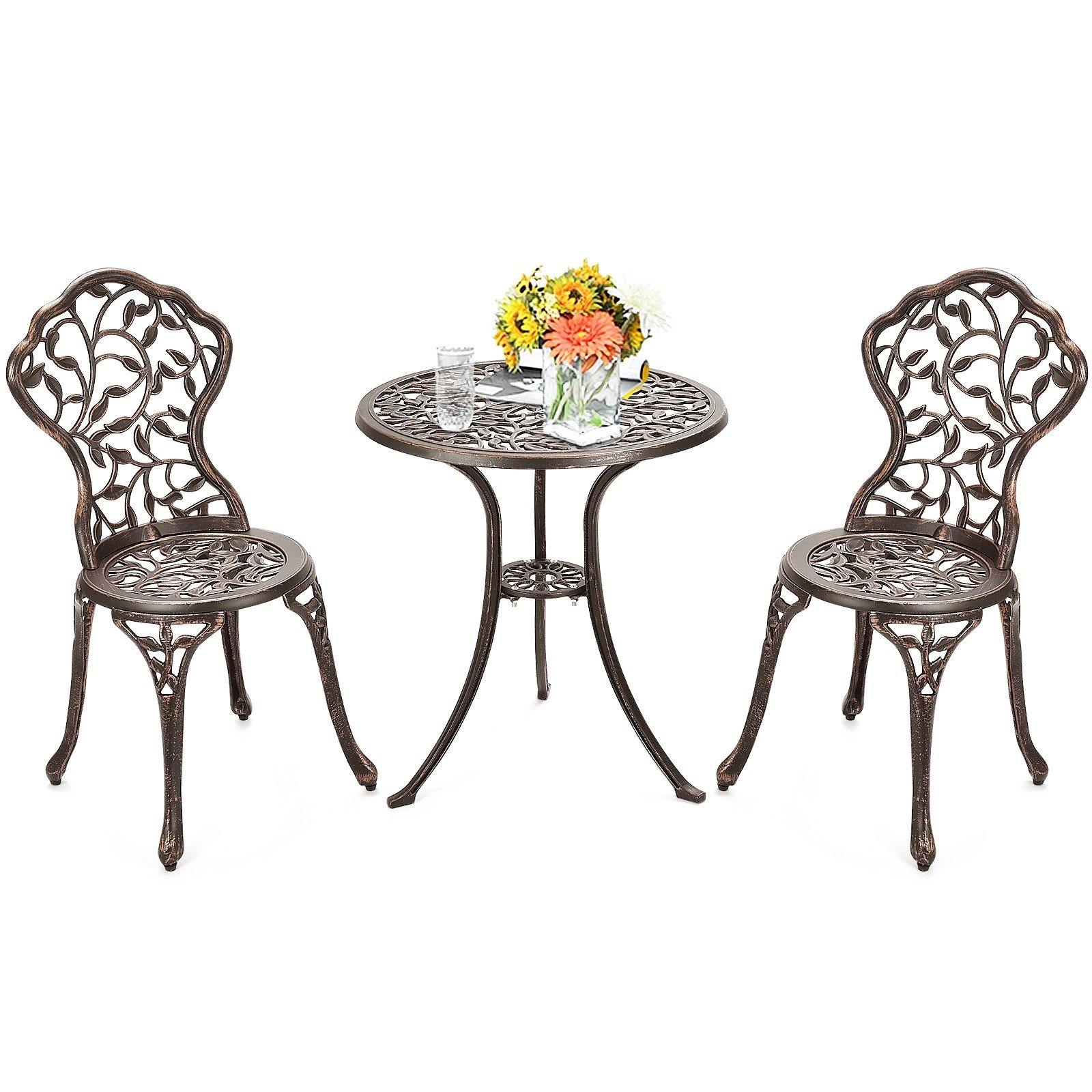3 Piece Bistro Set Cast Leaf Design Antique Outdoor Patio Furniture Weather Resistant Garden Round Table and Chairs (Leaf Design) - Giantexus
