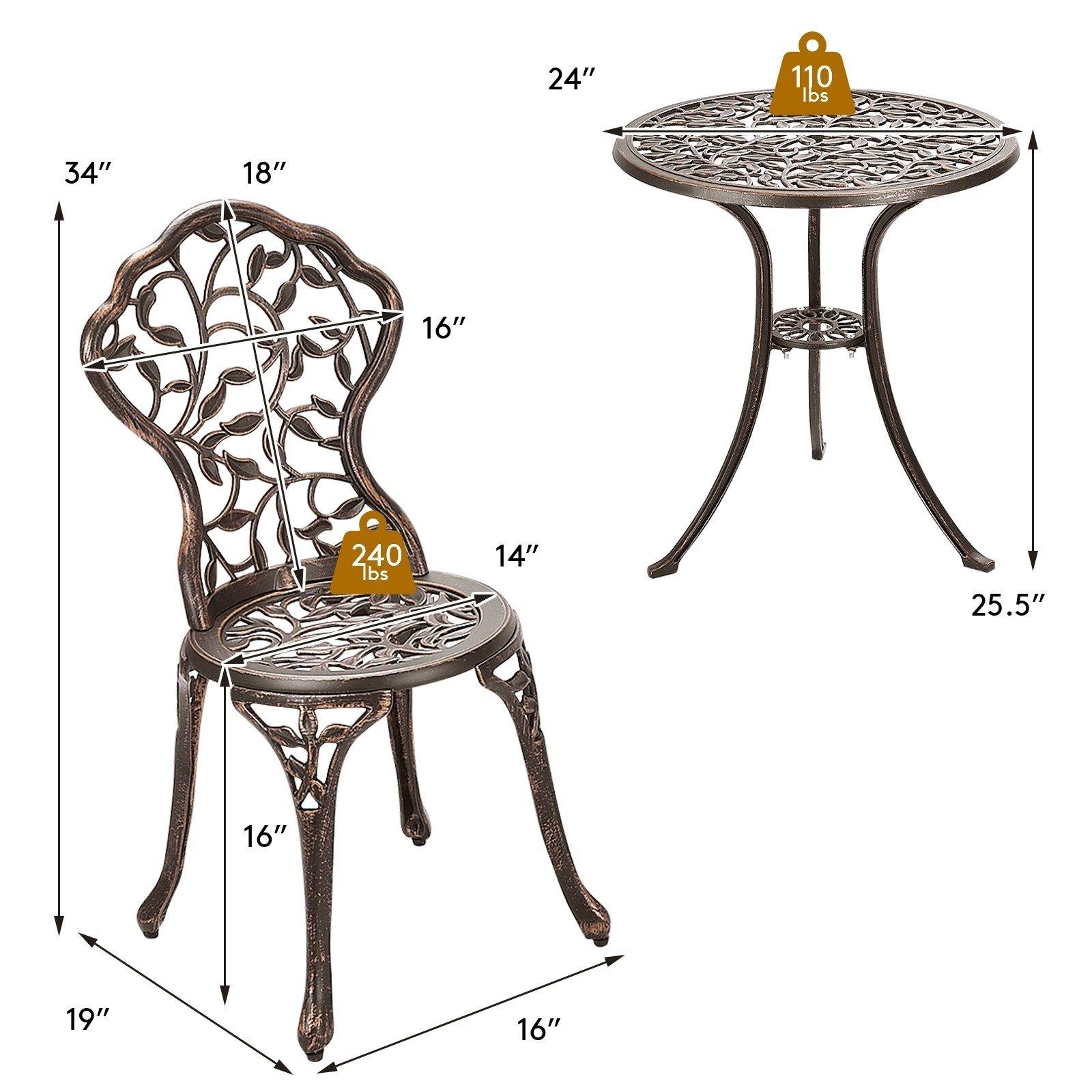 3 Piece Bistro Set Cast Leaf Design Antique Outdoor Patio Furniture Weather Resistant Garden Round Table and Chairs (Leaf Design) - Giantexus