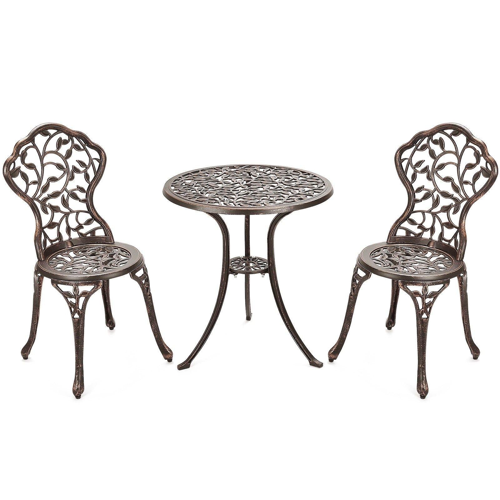 3 Piece Bistro Set Cast Leaf Design Antique Outdoor Patio Furniture Weather Resistant Garden Round Table and Chairs (Leaf Design) - Giantexus