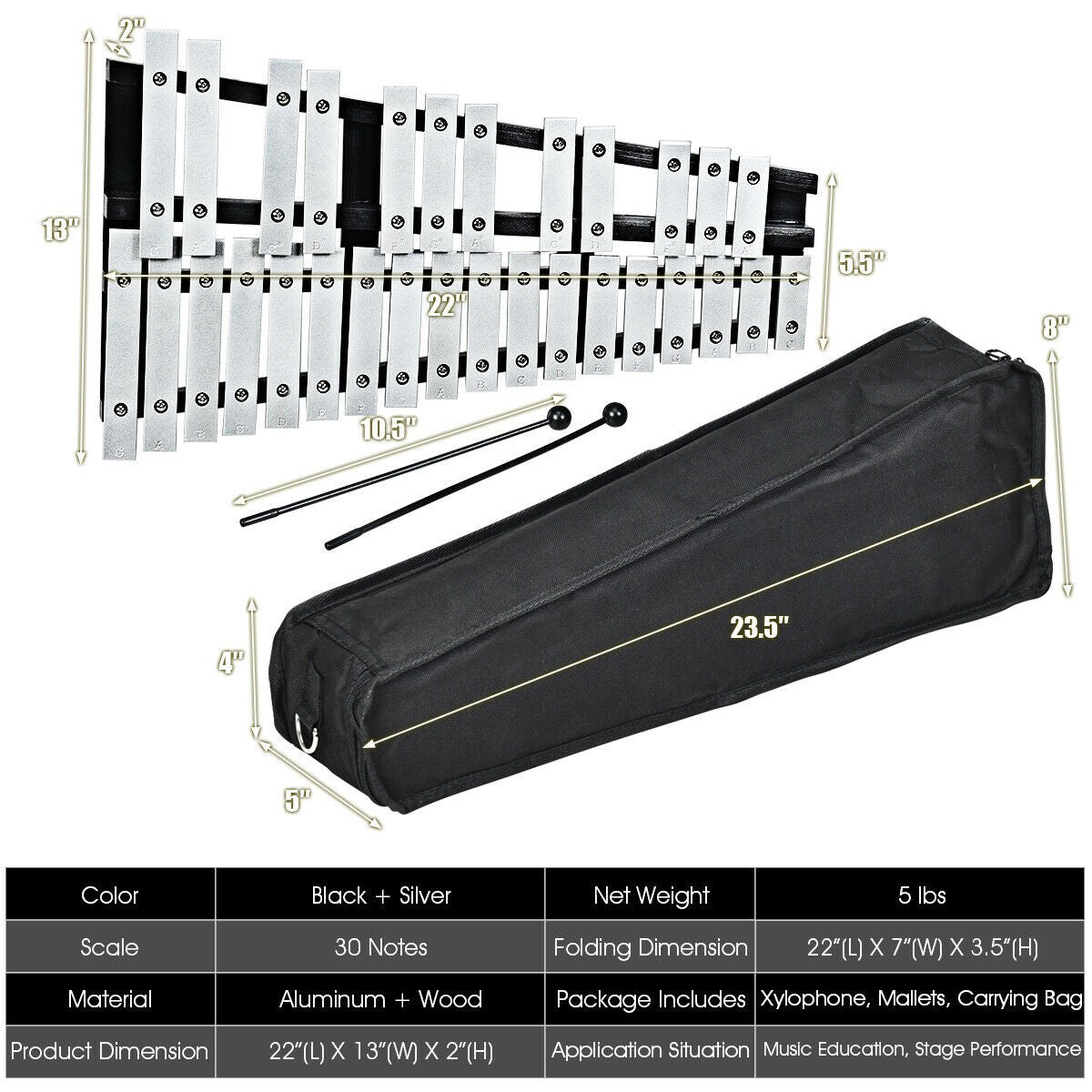 Foldable Glockenspiel Xylophone 30 Note Percussion Instrument for Adults and Kids