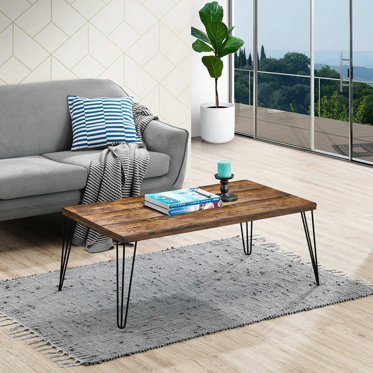 Rustic Coffee Table with Wooden Top and Metal Legs