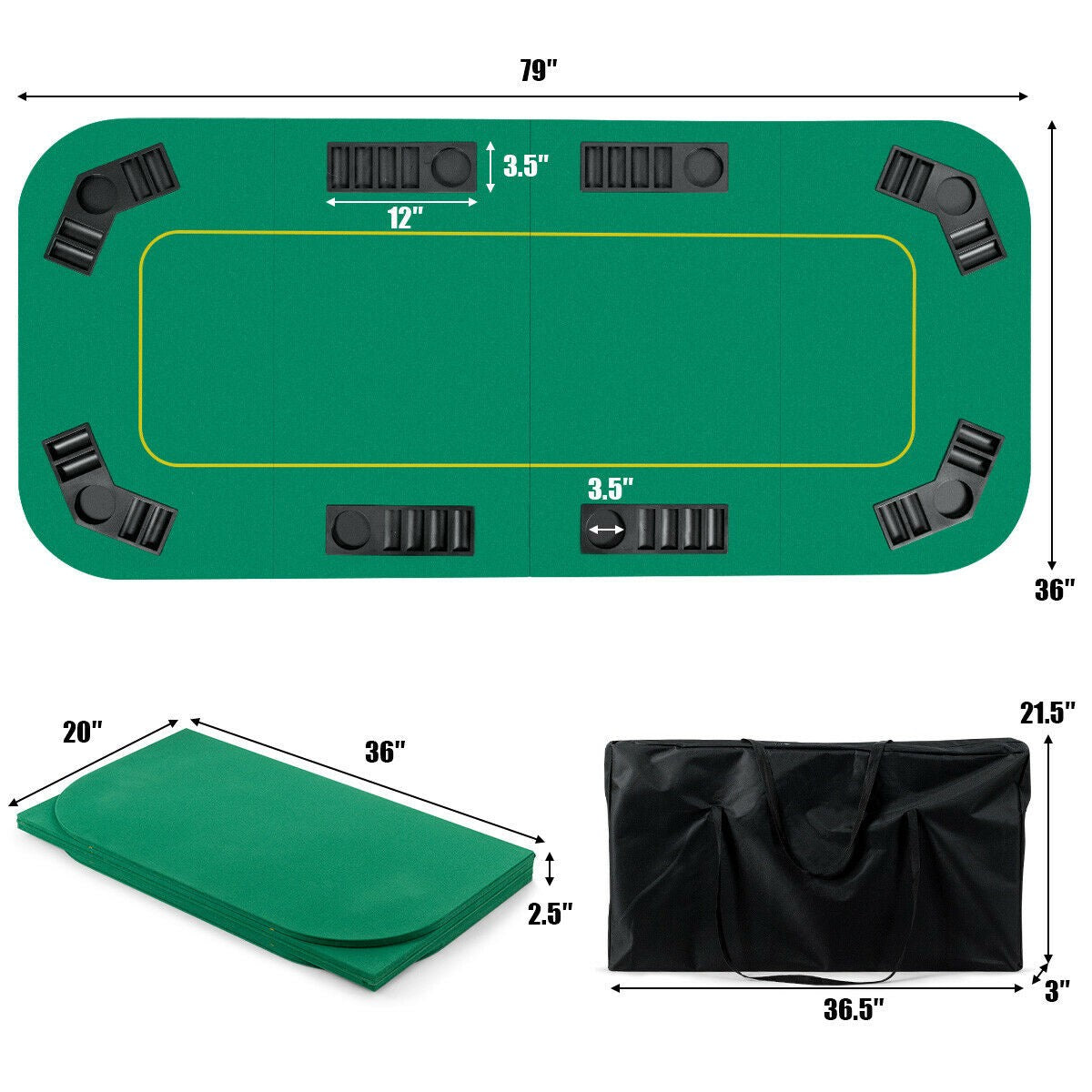 8 Player Poker Table Top, 80"x36" Folding Poker Table Top w/ Storage Bag (Green) - Giantexus