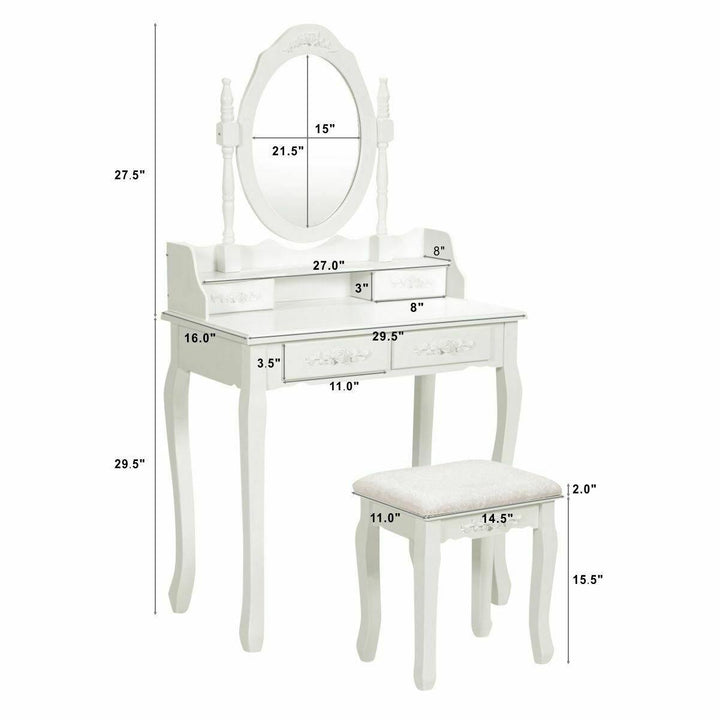 Vanity Table Set with Oval Mirror and 4 Drawers (White) - Giantexus