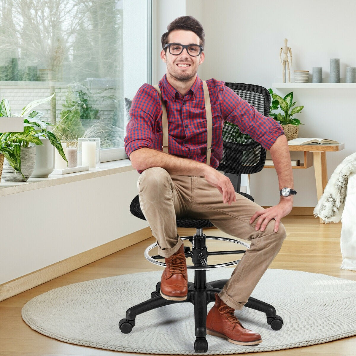 Mesh Drafting Chair, Standing Desk Chair w/Footrest Ring