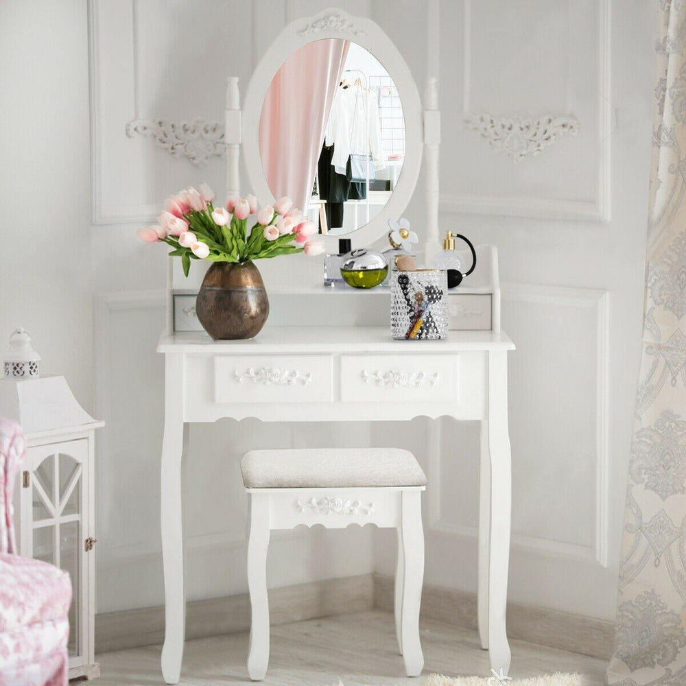 Vanity Table Set with Oval Mirror and 4 Drawers (White) - Giantexus