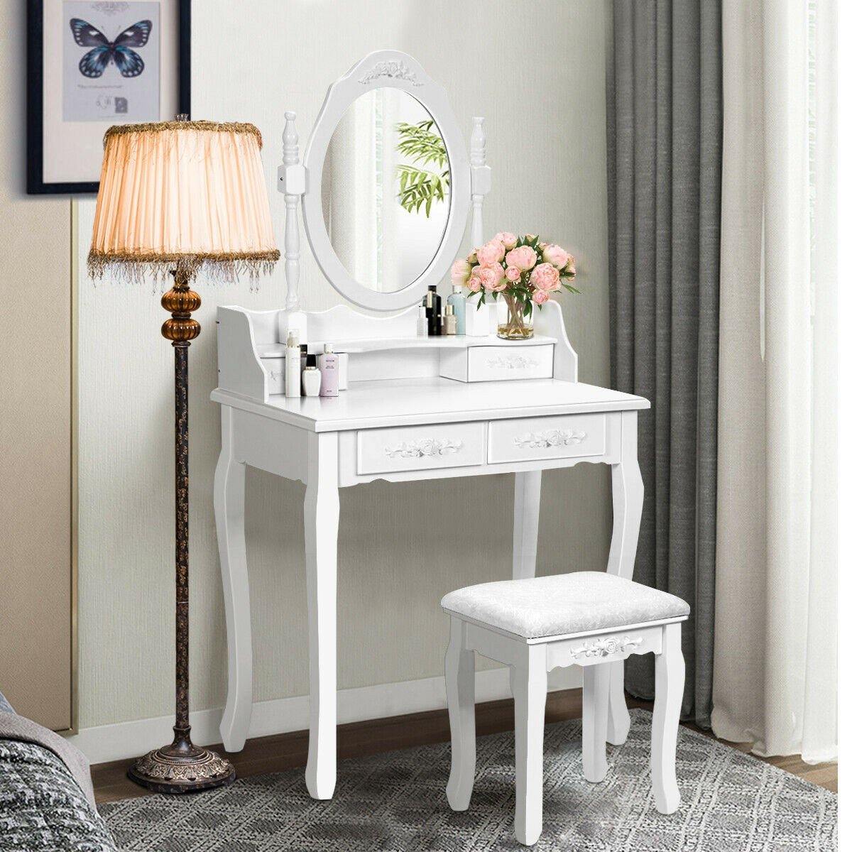 Vanity Table Set with Oval Mirror and 4 Drawers (White) - Giantexus