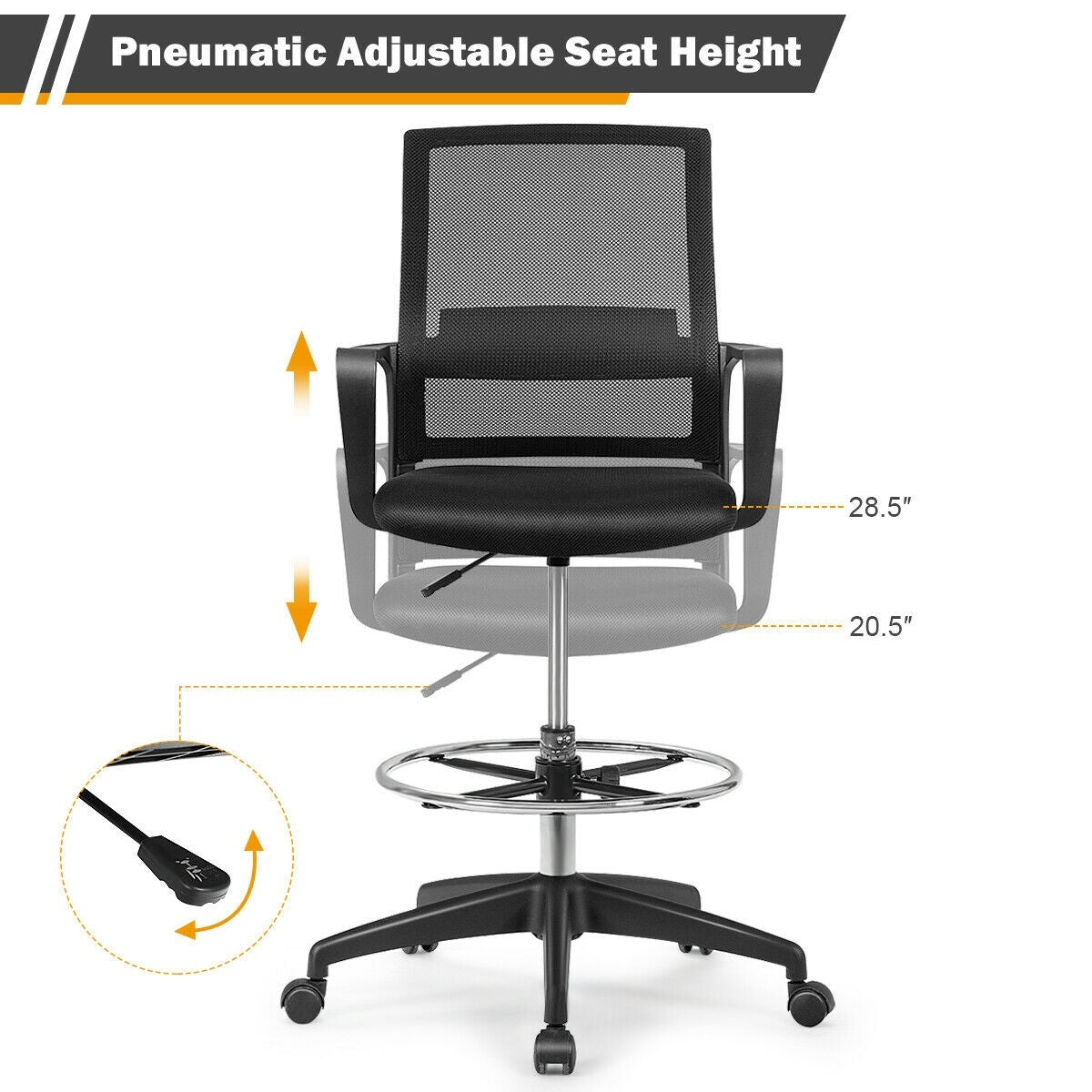 Mesh Drafting Chair, Tall Office Chair with Adjustable Foot Ring for Standing Desk