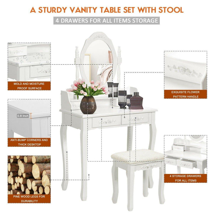 Vanity Table Set with Oval Mirror and 4 Drawers (White) - Giantexus