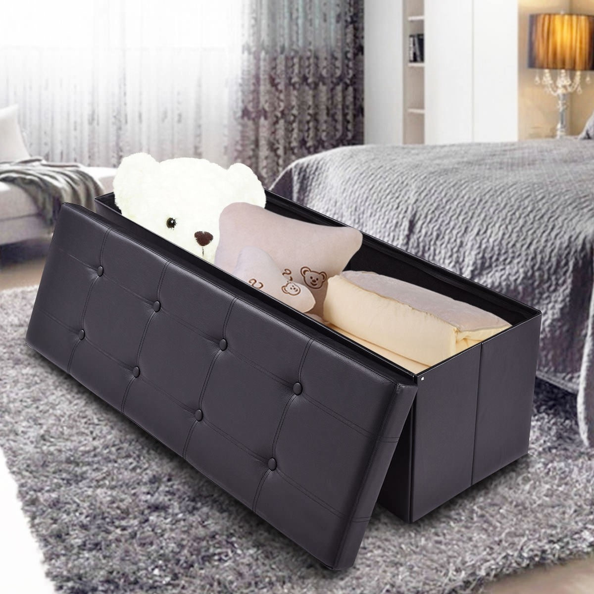Giantex 45" Folding Storage Ottoman Bench, Faux Leather